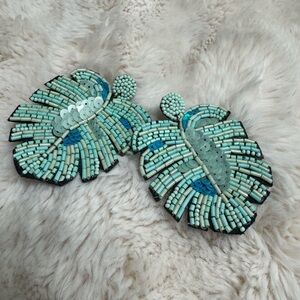 NWOT! Beaded Tropical Leaf Statement Earrings in Mint and Teal